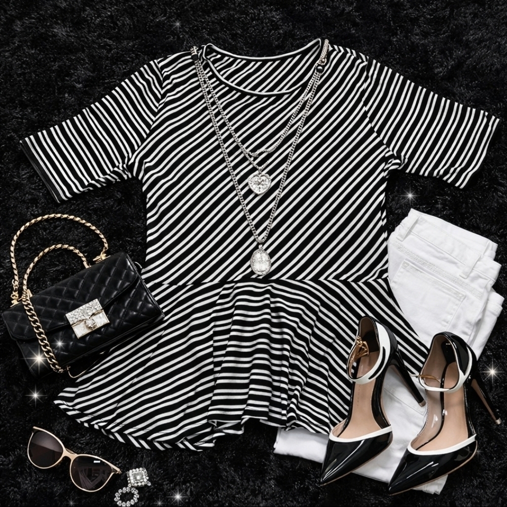 Apt 9 | Black & White Striped Peplum Blouse | PXL | Chic Flowy Classic